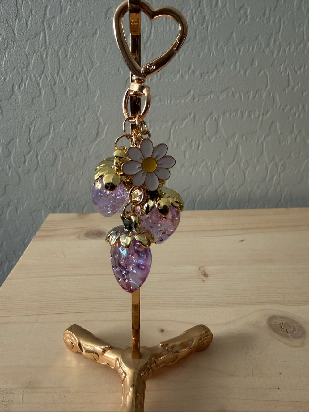 Gold Daisy Charm Keychain with Purple Strawberry Charms - Picture 1 of 3